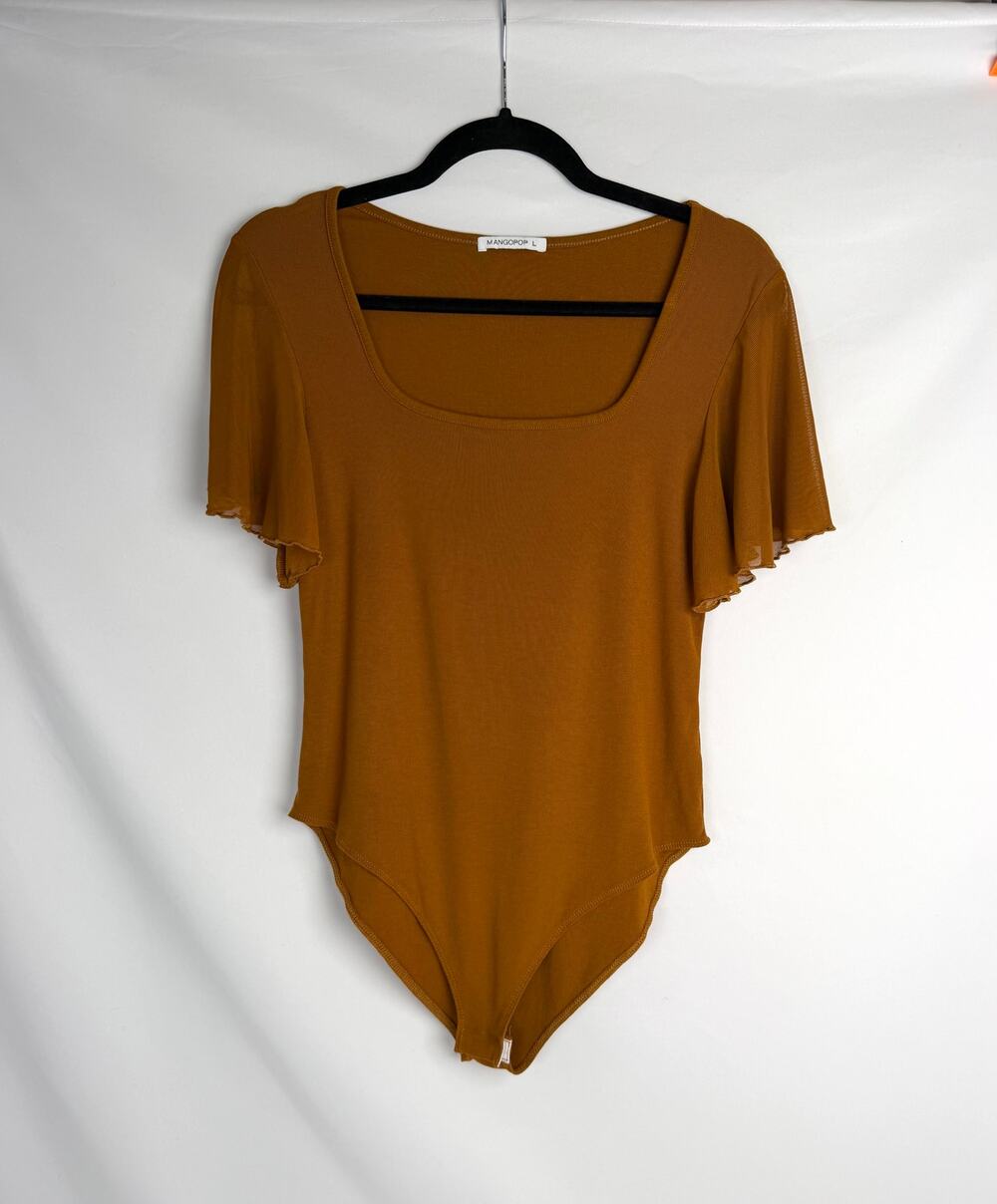 MANGOPOP Womens Large Burnt Orange Bodysuit Square Neck Flutter Sleeve Top L